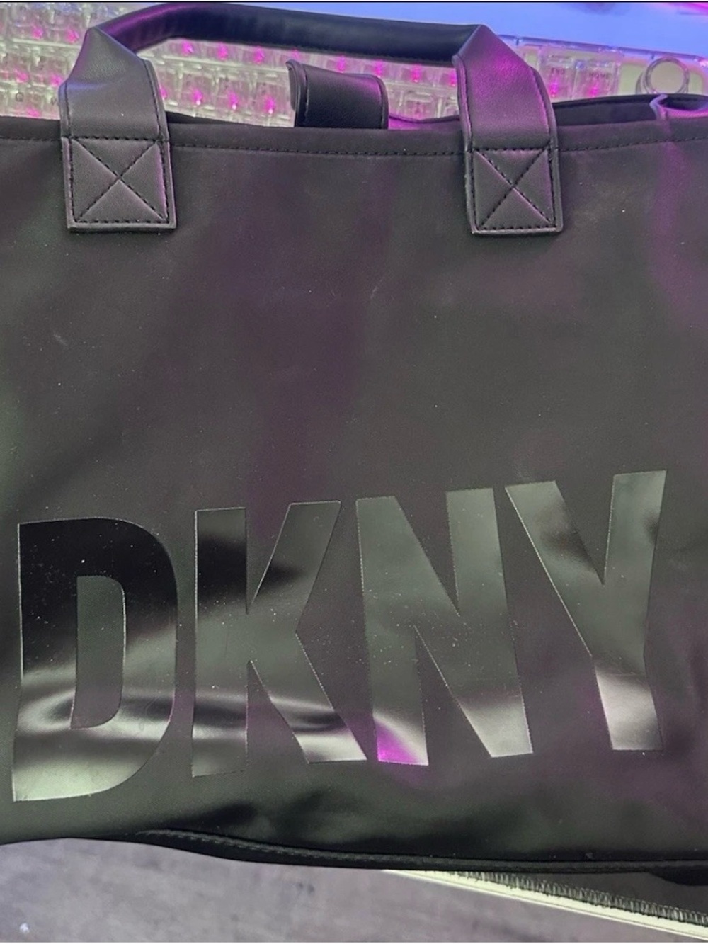 DKNY Black Large Logo Tote Zip Top Double Handles Pouch Inner Pockets Silver